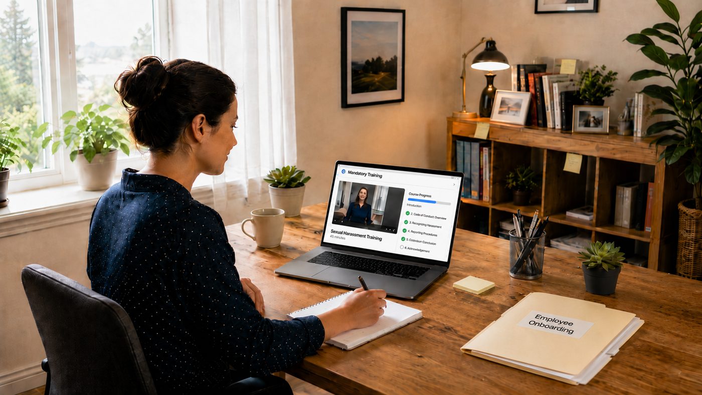 An employee at a desk completing a harassment prevention course on a laptop