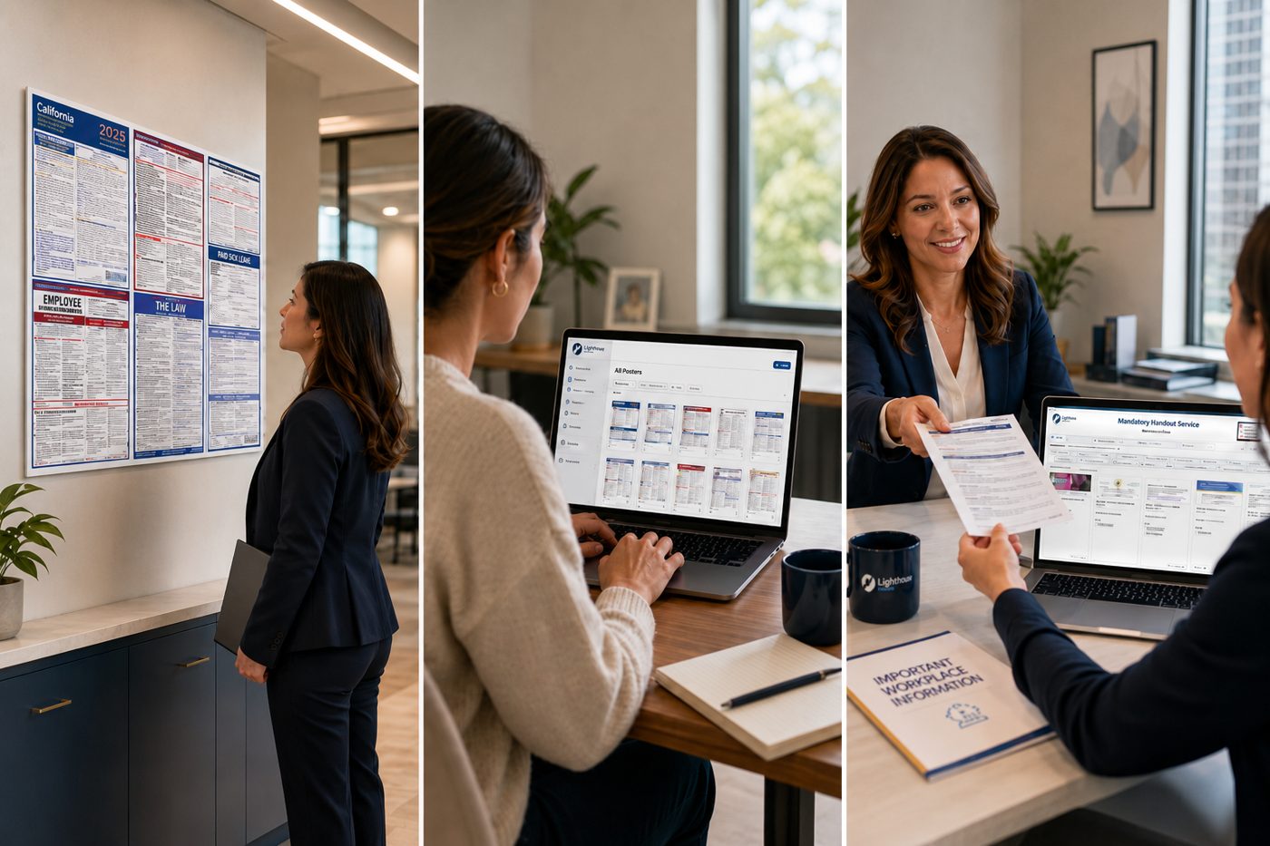 Three scenes: an employee reading workplace posters, an employee viewing posters online, and an employer handing a notice to an employee