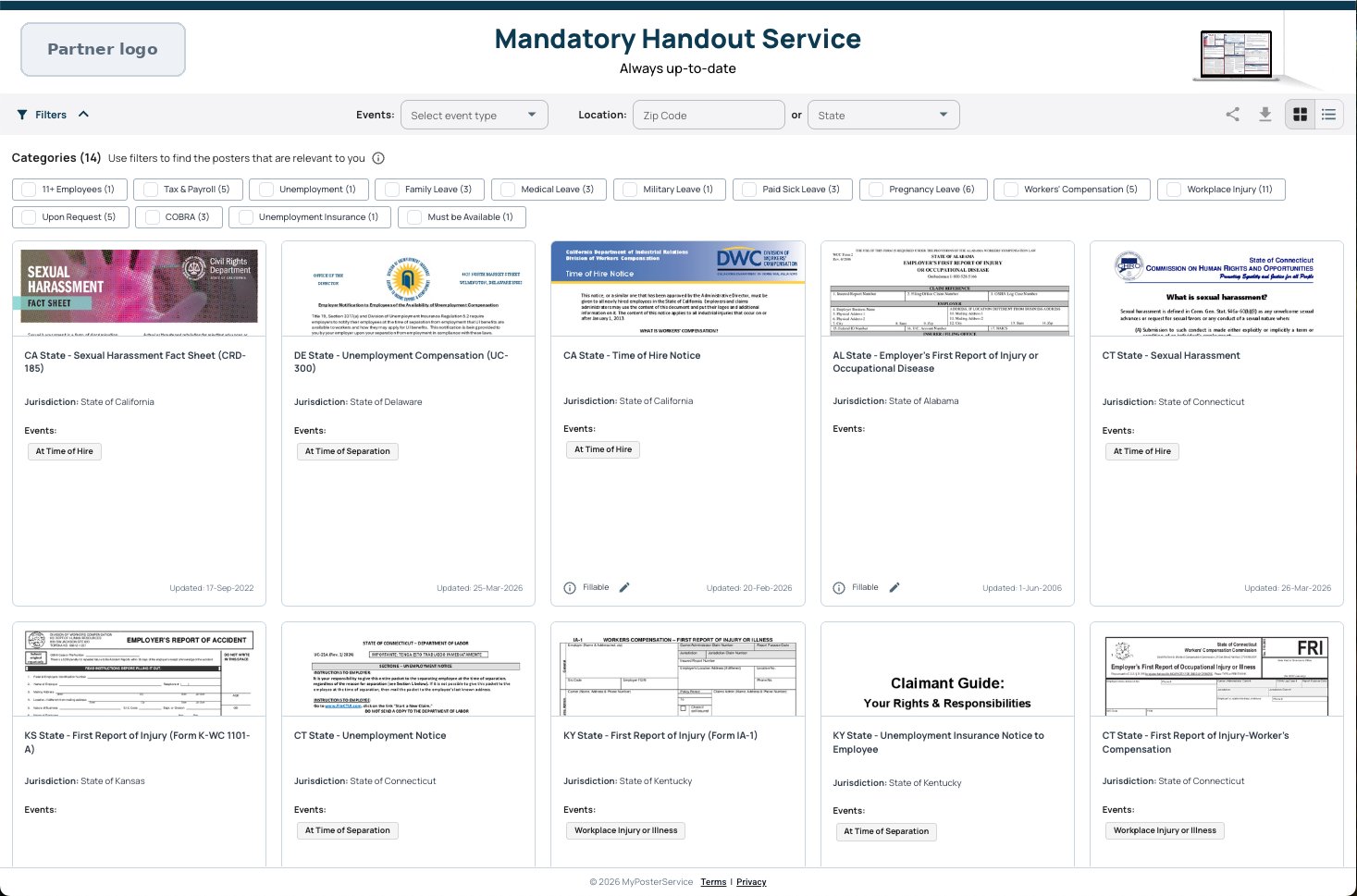 The handout library filtered by event and work location, with handout cards showing jurisdiction and triggering event